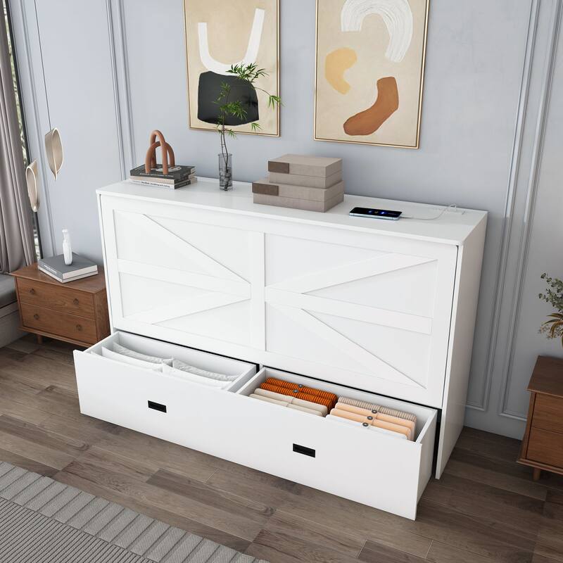 Full Size Murphy Bed, with Storage Drawers and Charging Cabinet, with Foldable Panels, with Swivel Wheels, Noise-Free