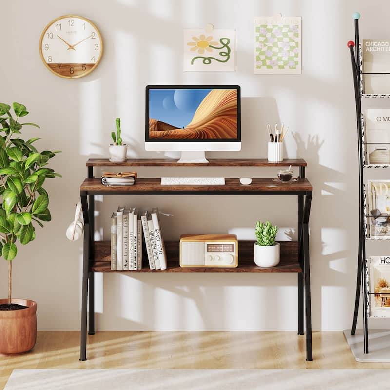 Costway Home Office Desk with Monitor Stand, Open Shelf & Metal Frame, - See Details