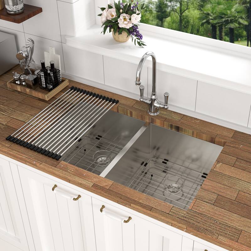 16 Gauge Stainless Steel Undermount Double Bowl Kitchen Sink (60/40) with 9 Inch Deep Sink