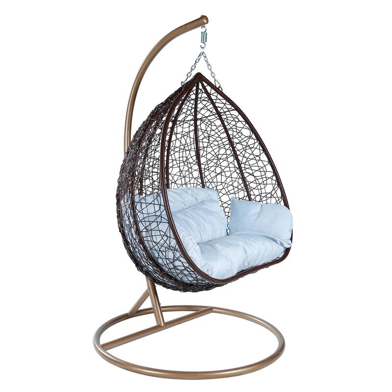 Hanging Swing Chair with Weave Design and Teardrop Shape in Brown Frame - Light Grey