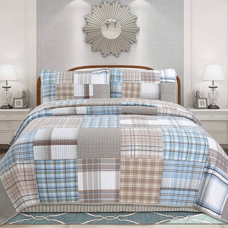 Cozy Line Hank Blue Patchwork 3-piece Reversible Cotton Quilt Bedding Set - Queen