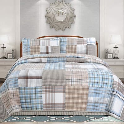 Cozy Line Hank Blue Patchwork 3-piece Reversible Cotton Quilt Bedding Set