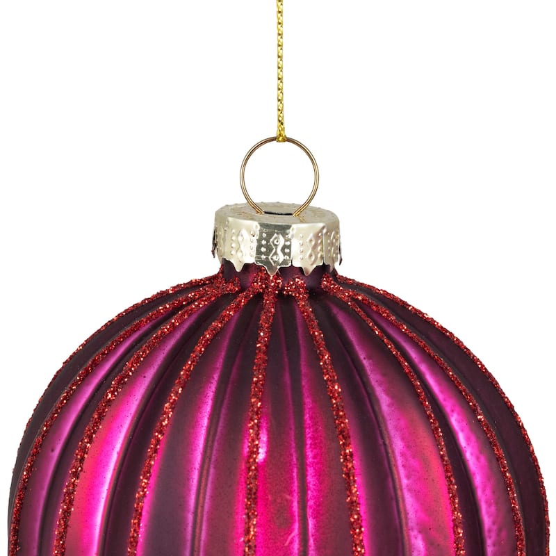 Ribbed Glittered Glass Ball Christmas Ornaments - 3" (75mm) - Maroon - 4ct