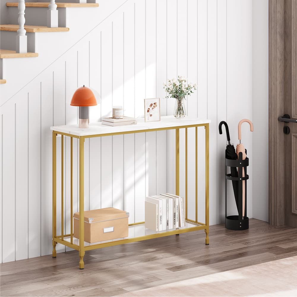 Modern Style Console Table with Glass Shelf and Metal Frame