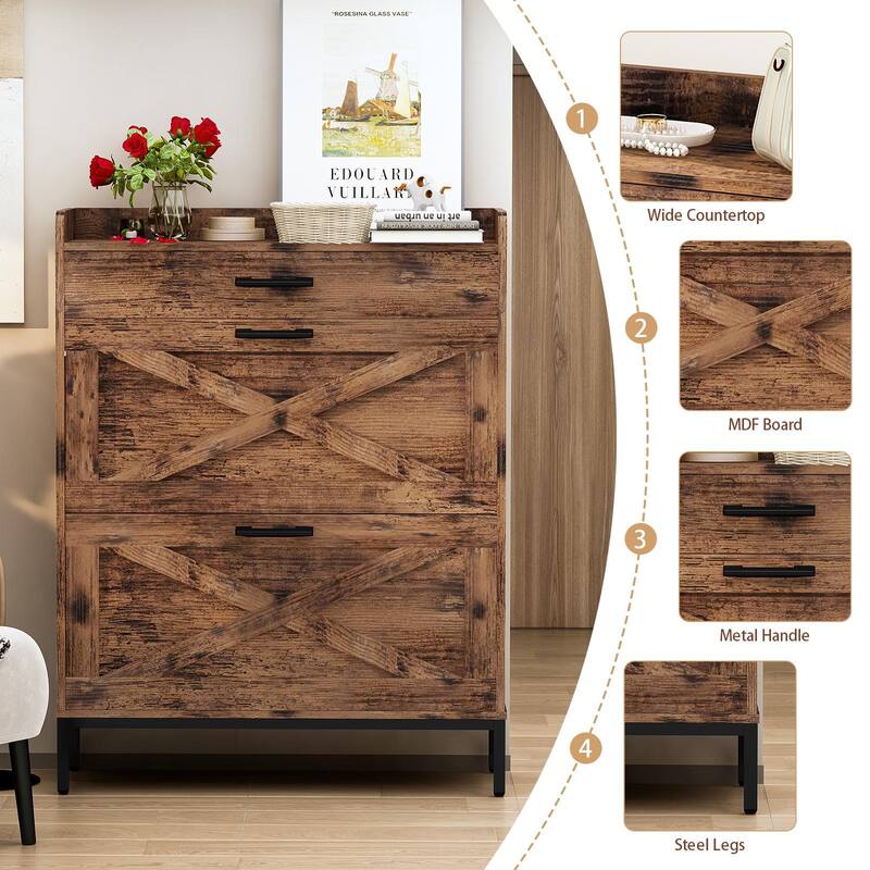 Mieres Rustic Brown Wooden 12 Pair Shoe Storage Cabinet with Flip Drawer, Entryway Organizer - 2-Tier