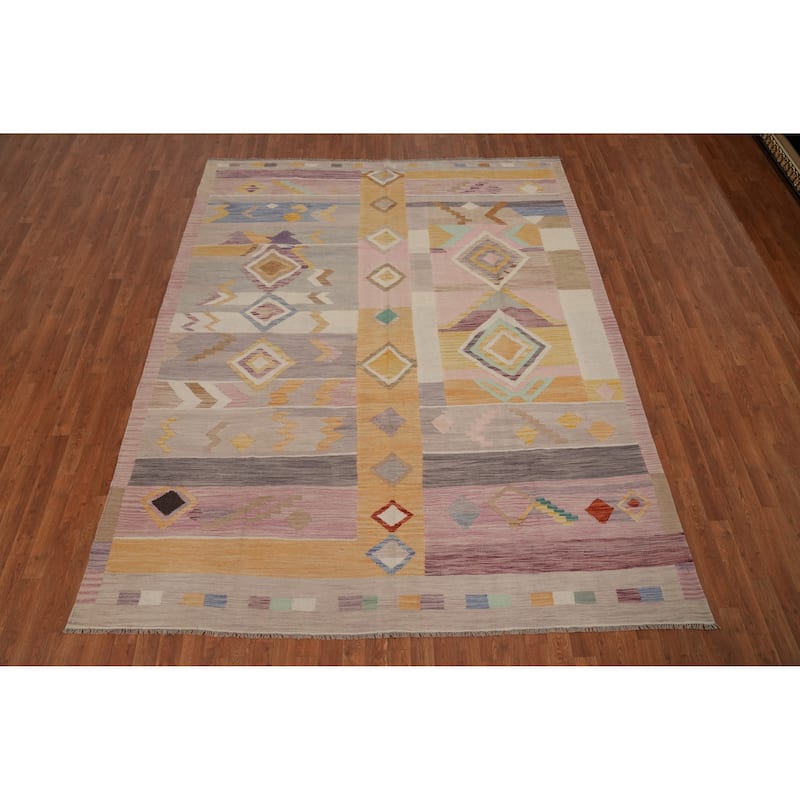 Hand Woven Oriental 100% Wool Carpet Southwestern Tribal Multi-Colored Kilim Area Rug - 9' 7'' X 7' 8''