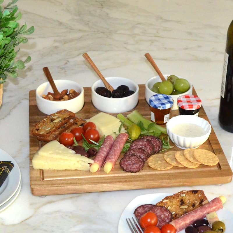 Picnic at Ascot Personalized Acacia Cheese & Charcuterie Board with Ceramic Dip Bowls