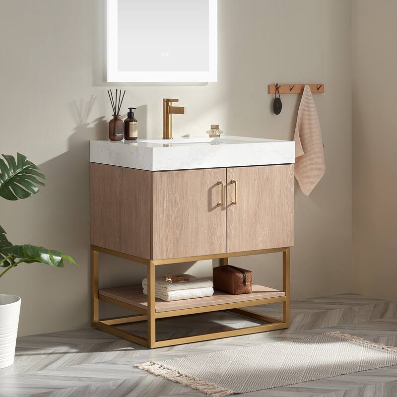 Alistair Single Bath Vanity with White Grain Stone Top & Mirror