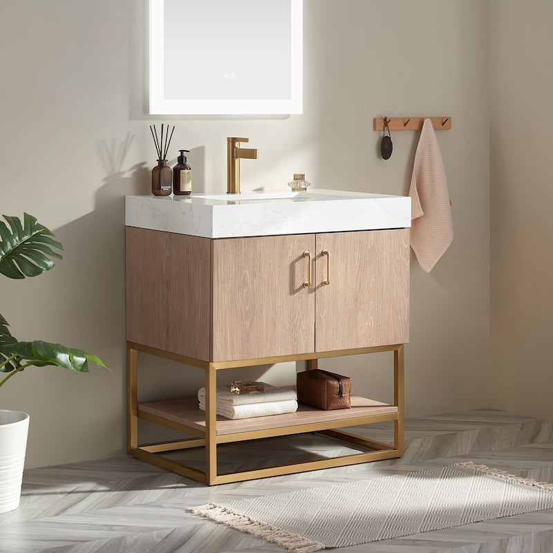 Alistair Single Bath Vanity with White Grain Stone Top without Mirror