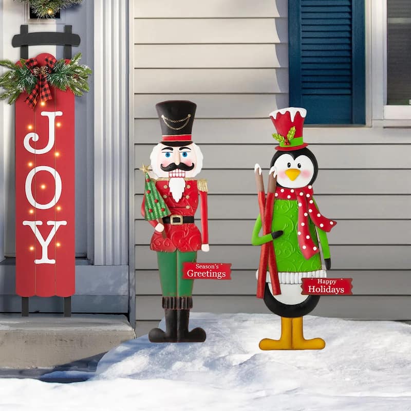 Glitzhome 36"H Christmas Metal Penguin Nutcracker Yardstake Standing Sign Wall Decor