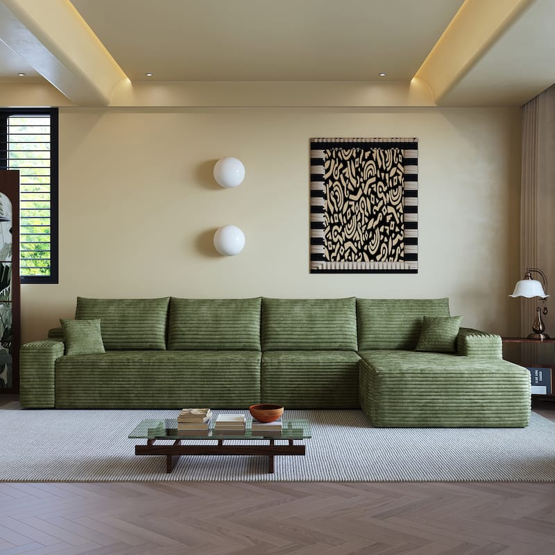 Corduroy Upholstered Modular L-shaped Chaise Sectional Sofa - Green