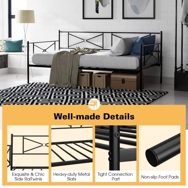 Metal Daybed Twin Bed Frame Stable Steel Slats Sofa Bed