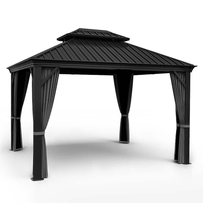 12x10ft Outdoor Double-Roof Aluminum Gazebo with Curtains and Mosquito Netting