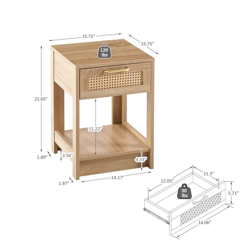 Mid-Century End Table with Storage Drawer and Open Shelf Rattan Bedside Table Small Side Table