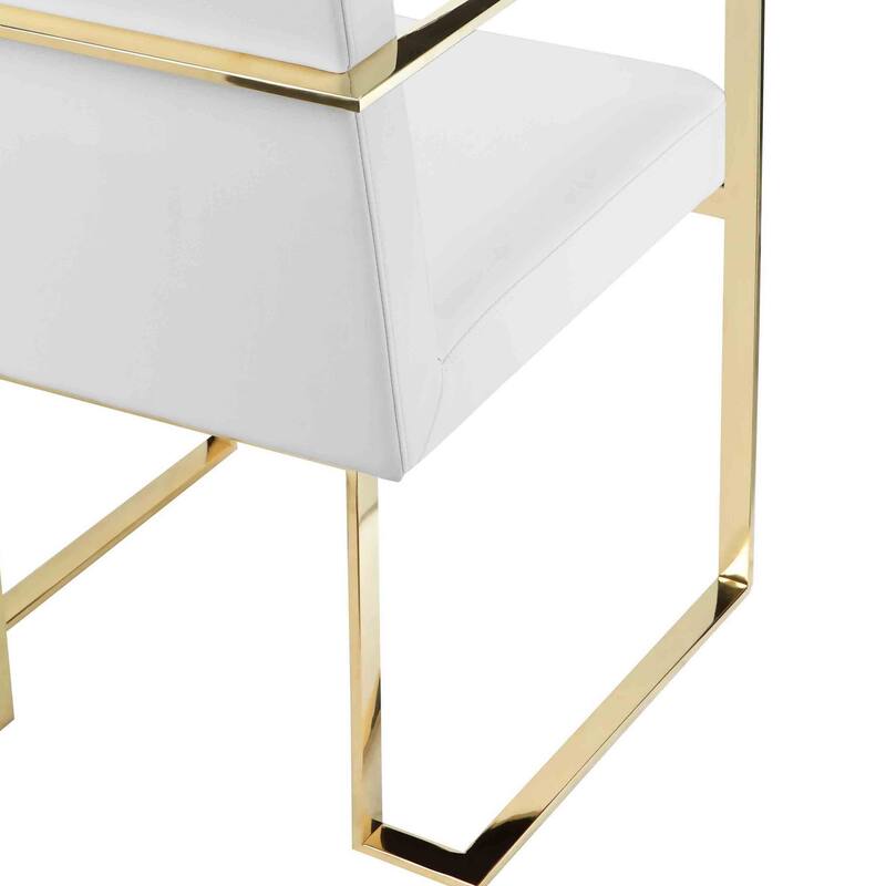 Boly 22 Inch Dining Side Armchair, White Faux Leather, Gold Steel Frame