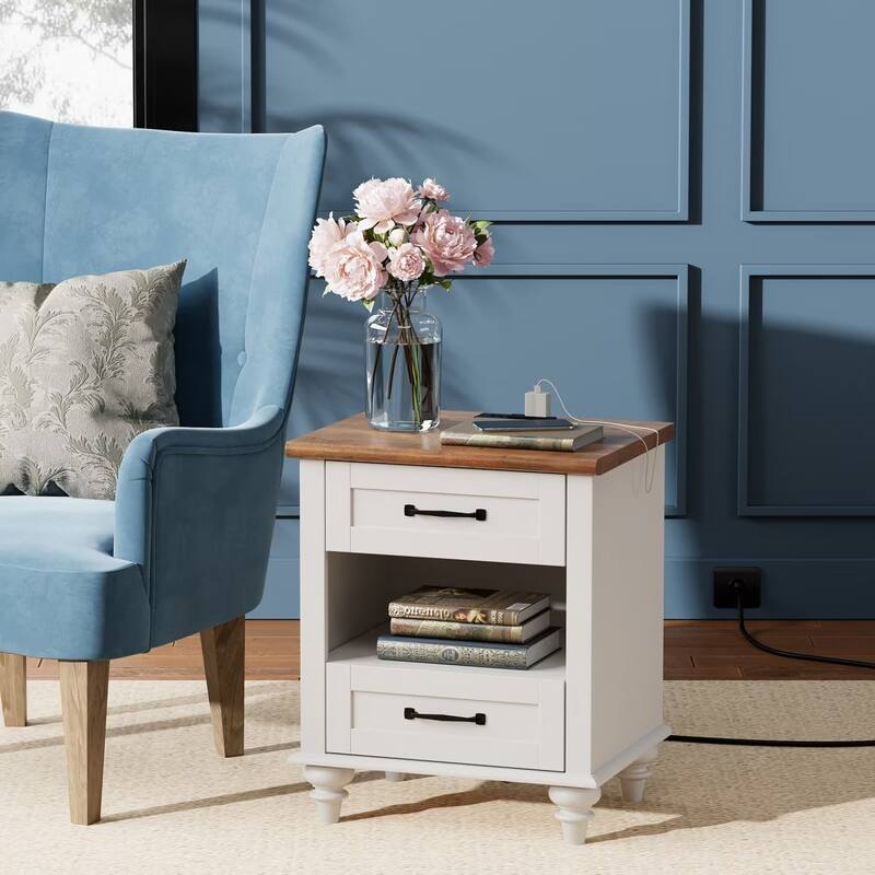 Farmhouse Nightstand Bedside Table, Wood 2-Drawer Side Table