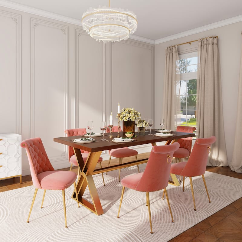 7-Piece Clihome Walut Wood Dining Table with Velvet Chair Dining Chair - CameoBrown