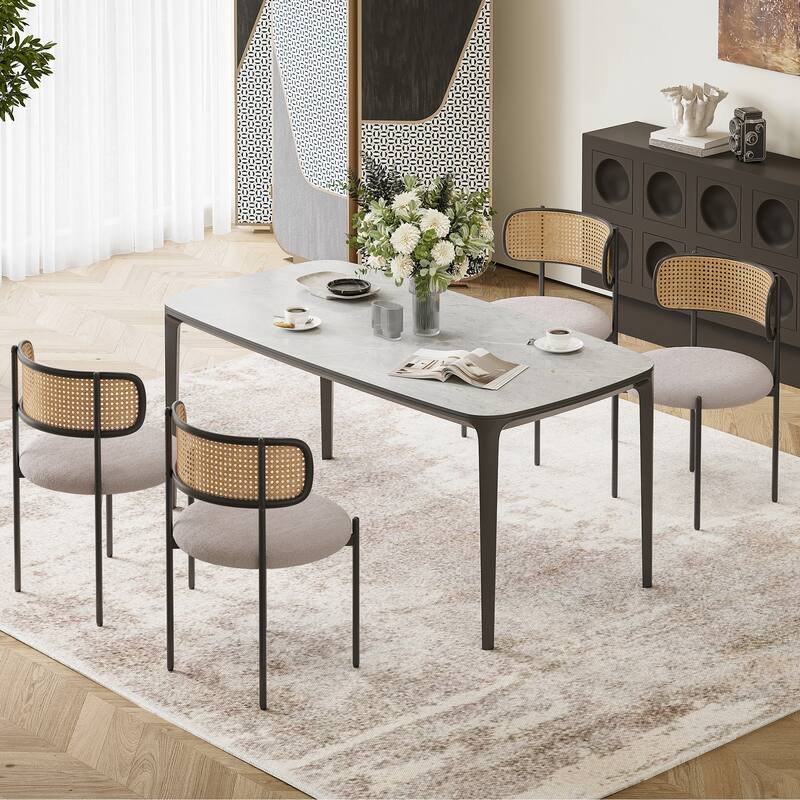 Modern Upholstered Dining Chairs Set of 4,Rattan Back Dining Room Chairs,Accent Kitchen Chairs with Metal Legs