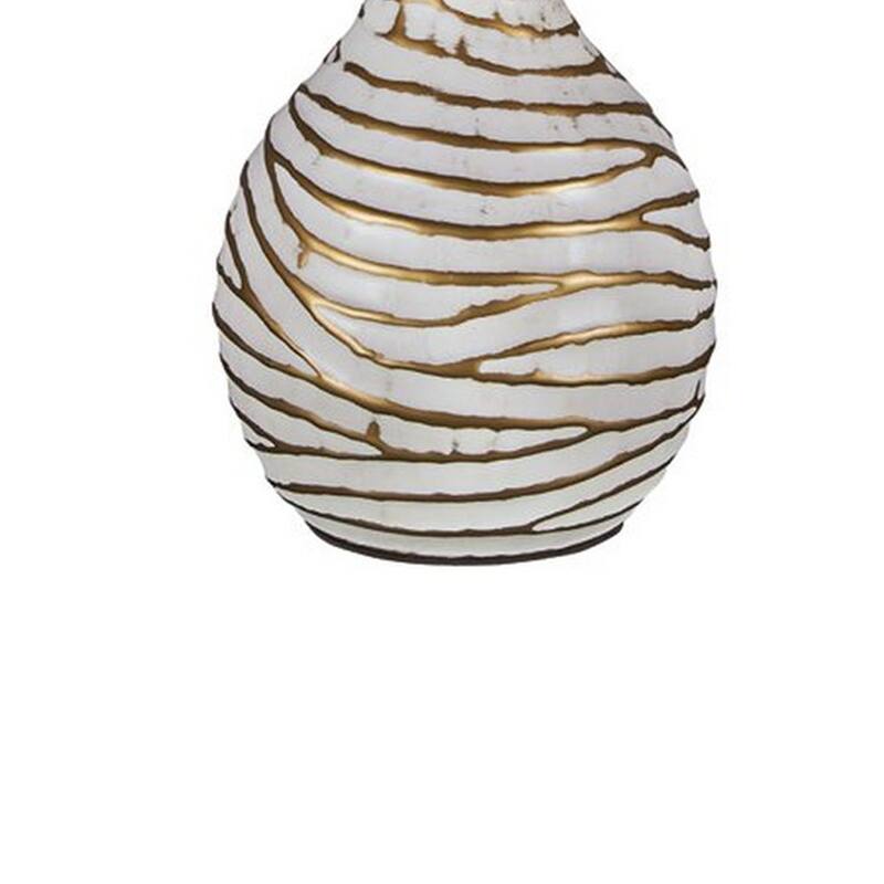 Pot Bellied Metal Table Lamp with Textured Golden Embellishment, White