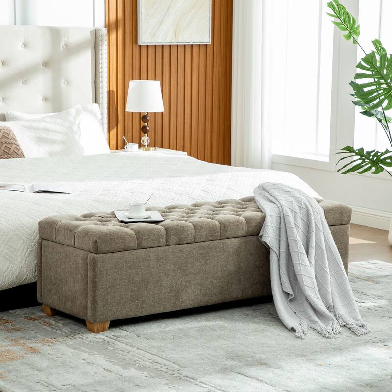 60.2" Chenille Upholstered Storage Bench, Tufted Flip-Top Ottoman with Legs, Accent End-of-Bed Bench Window Seat - taupe