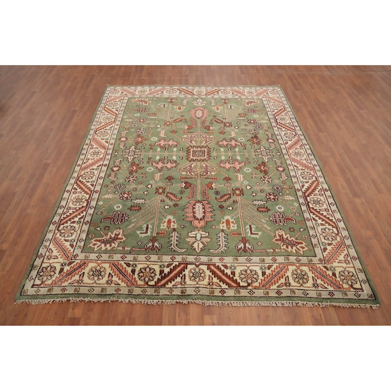 Hand Knotted Oriental 100% Wool Carpet Transitional All-Over Green Oushak Area Rug - 9' 9'' X 7' 9''