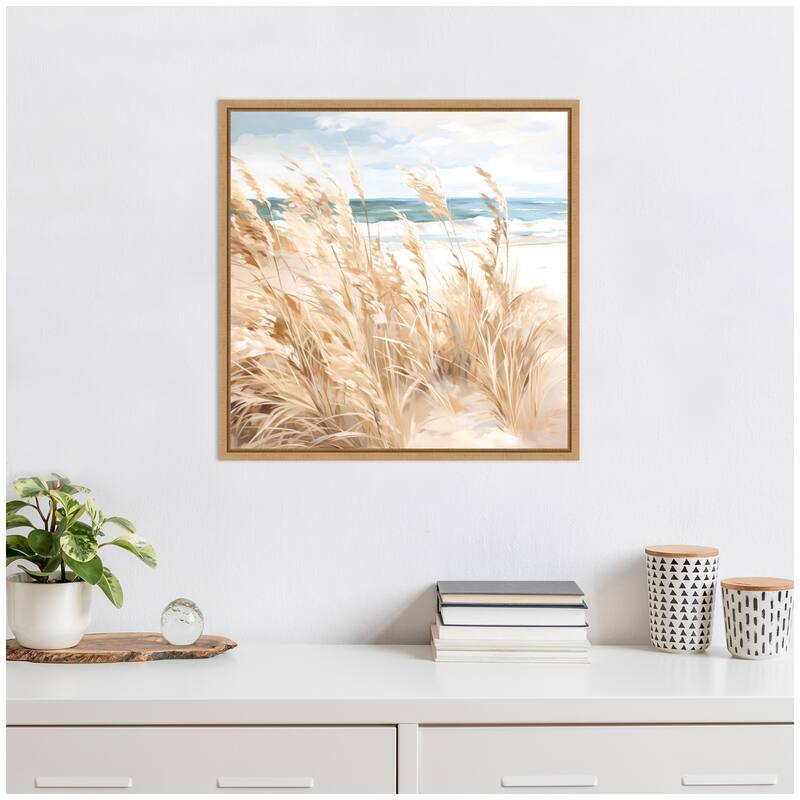 Kate and Laurel Sylvie Beige Beach Grass Near Traquil Beach Framed Canvas by The Creative Bunch Studio