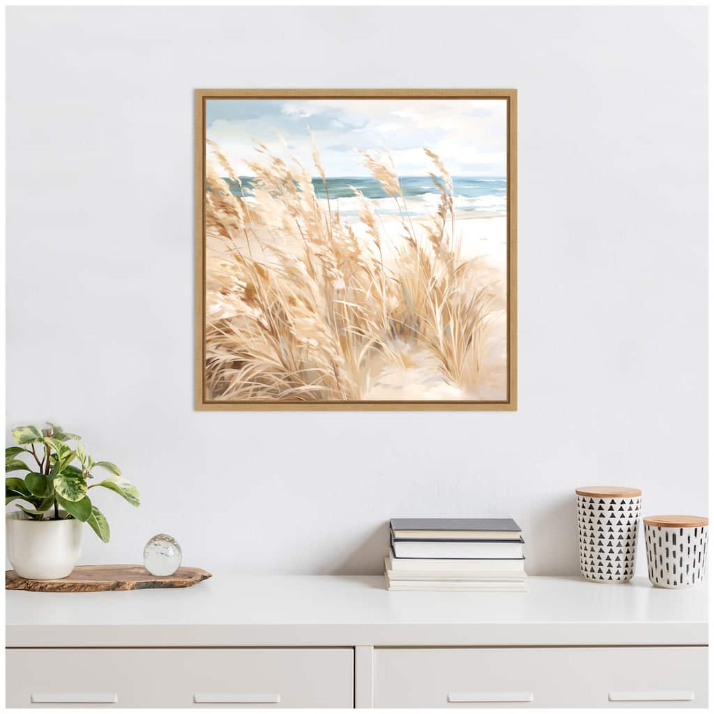 Kate and Laurel Sylvie Beige Beach Grass Near Traquil Beach Framed Canvas by The Creative Bunch Studio