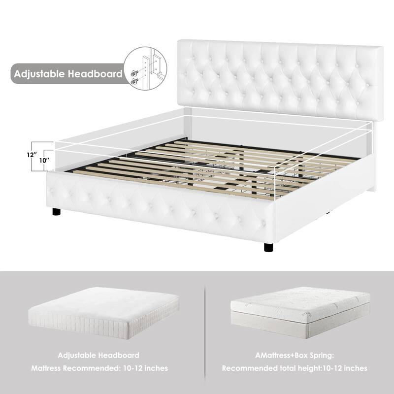 Modern Upholstered Bed Frame with 4 Drawers, Button Tufted Headboard Design, Solid Wooden Slat Support, Easy Assembly