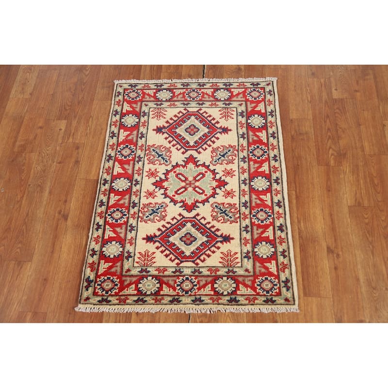 Geometric Kazak Oriental Rug Handmade Traditional Beige Wool Carpet - 2'0" x 3'0"