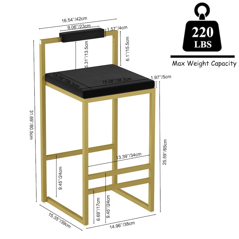 Modern Velvet Counter Height Bar Stools with Low Backrest Set of 2 Upholstered Dining Stools for Kitchen Island (Gold & Black)