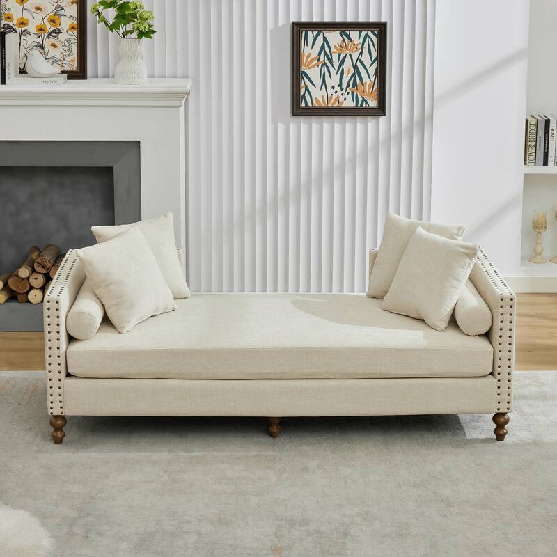 Roomfitters 75.2" Upholstered Chaise Lounge with Nailheads, Chenille Daybed Sleeper Sofa with 6 Pillows