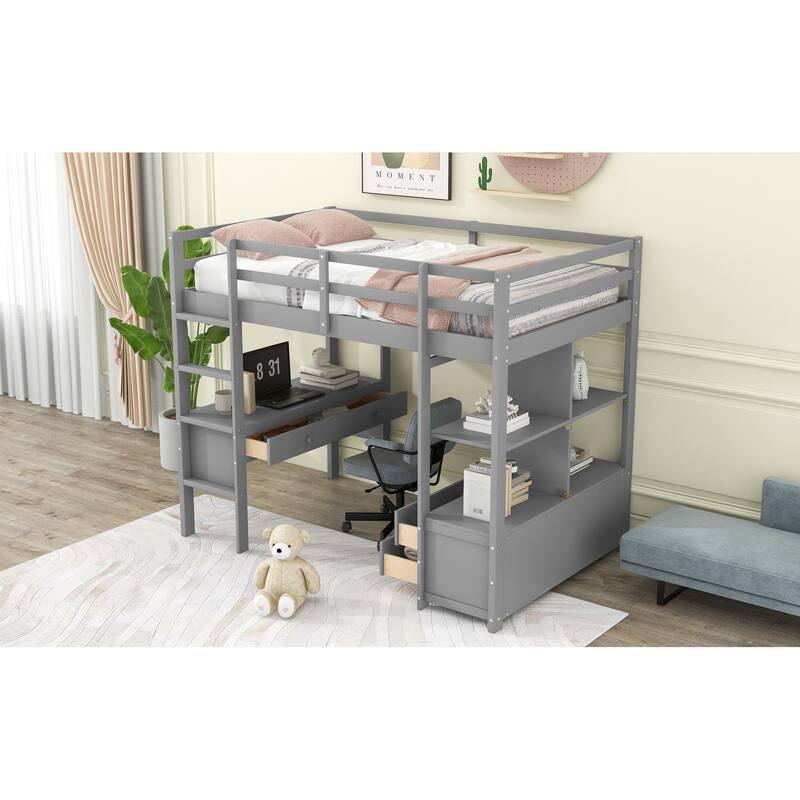 Twin/Full Loft Bed with Desk, Multiple Storage Shelves, Drawers, and Sturdy Pine Wood Frame