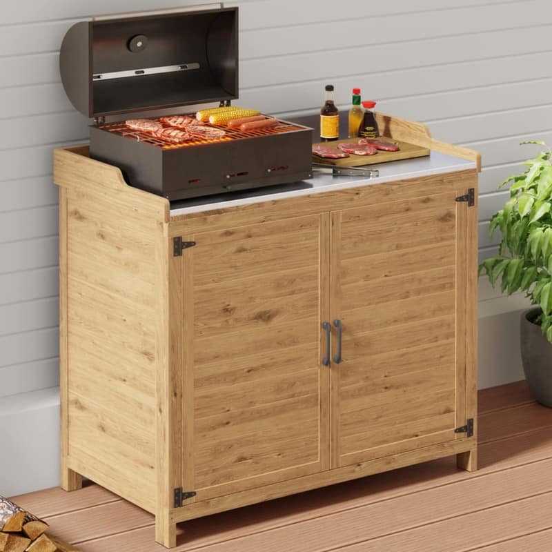 Outdoor Garden Storage Cabinet with Galvanized Top，Wooden Potting Bench Table Workbench with 2 Magnetic Close Doors