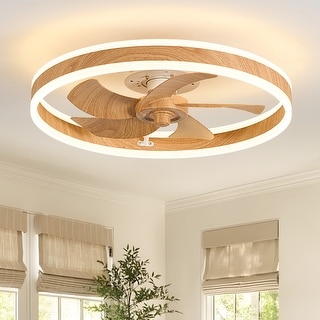 Jewelair 20 in. White Flush Mount Low Profile LED Ceiling Fan Faux Oak Farmhouse Ceiling Fan with Lights - 20in.