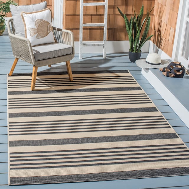 SAFAVIEH Courtyard Charmaine Indoor/ Outdoor Waterproof Area Rug - 10' x 14' - Black/Bone