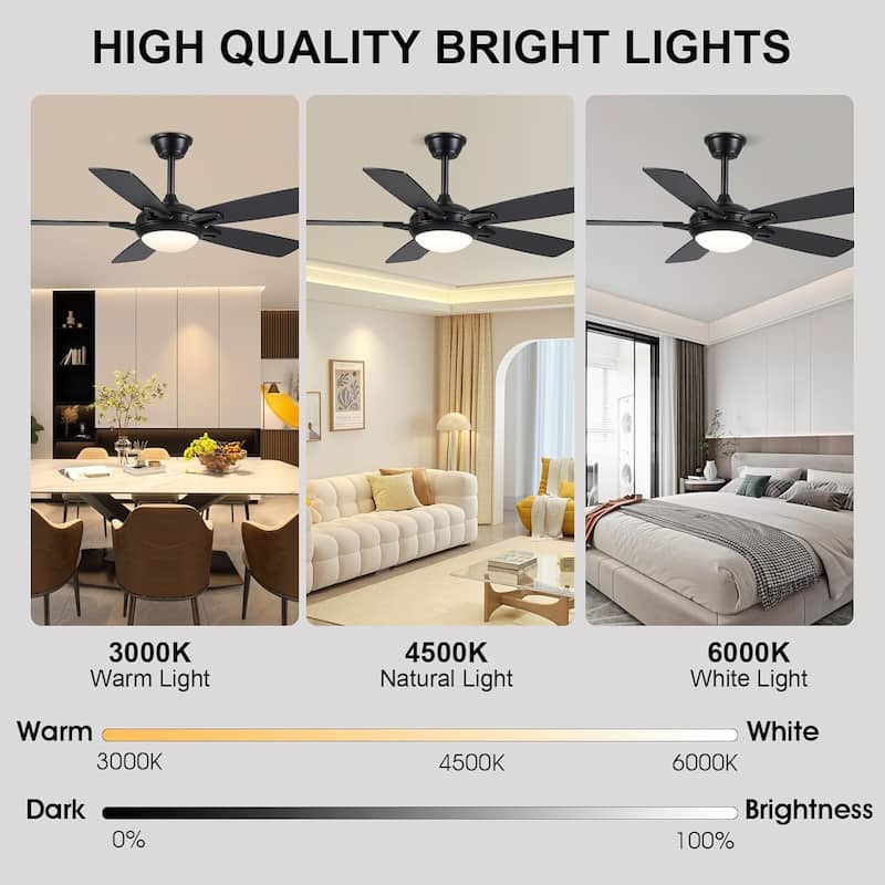 46“/52” Inch Modern Ceiling Fan with LED and Remote,5 Plywood Blades,Remote and APP Control