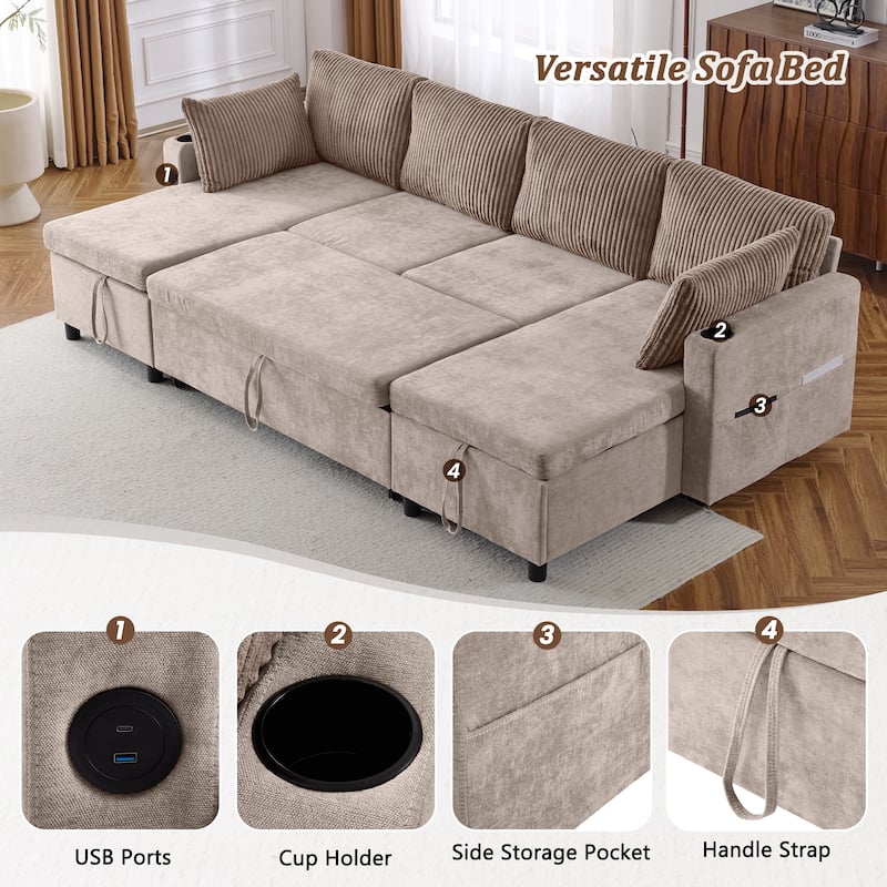 113.4" Sectional Sofa Pull-out Sofa Bed with Storage Space,Two USB Ports and Cup Holders