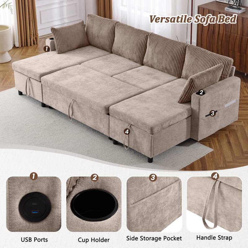 Sectional Sofa Pull-out Sofa Bed with Large Storage Space, 2 USB Ports and 2 Cup Holders Chenille Tufted Couch
