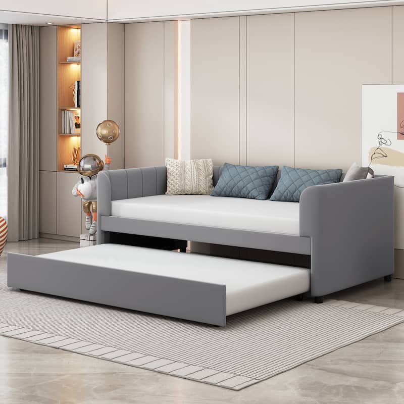 Twin Size Velvet Upholstered Daybed with Pullout Trundle Bed Bed