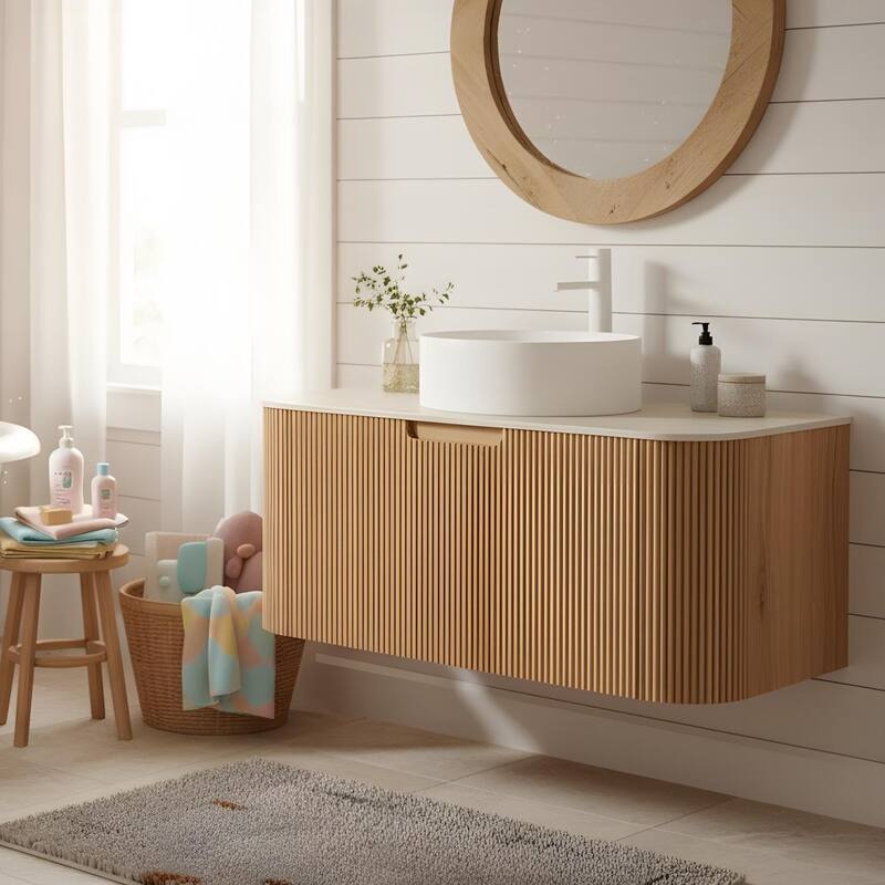 Wall Mounted Bathroom with White Round Ceramic Basin and Drawer
