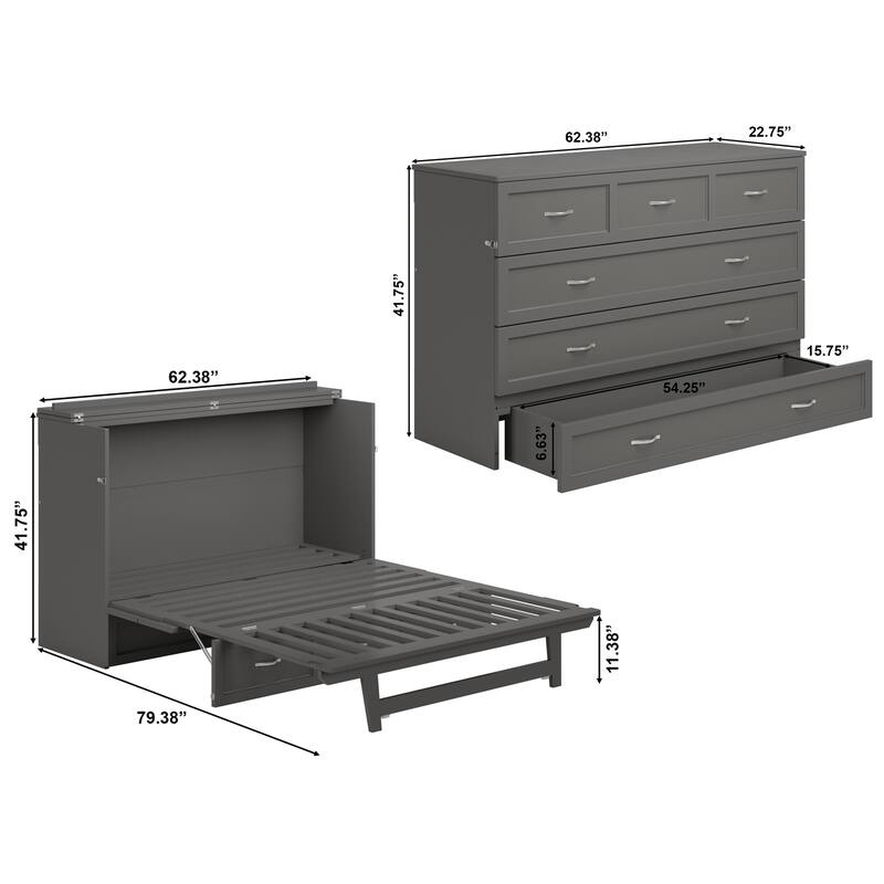 Northfield Queen Murphy Bed Chest with 6" Mattress, Storage Drawer & Built-In Charger in Grey