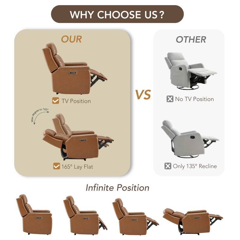 Spruce & Spring Dual Motors Genuine Leather Power Lay Flat Recliner with Power Headrest