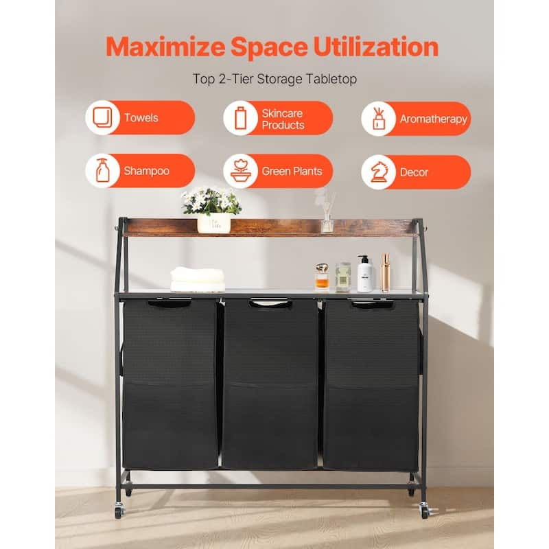 Black Laundry Hamper with Fabric 3 Removable Compartments Hamper and Wheels for Organization