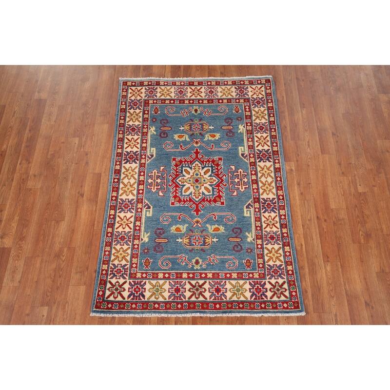 Light Blue Geometric Kazak Accent Rug Hand-Knotted Foyer Wool Carpet - 3'4" x 4'11"