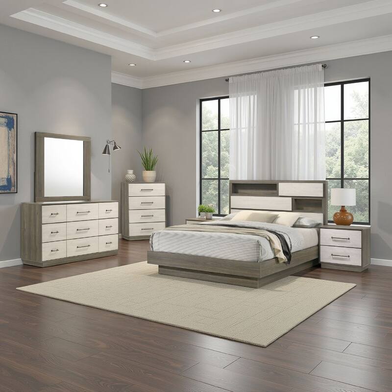 Fene 5pc Queen Bedroom Set, Gray, Brown, Built In Headboard Bookcase