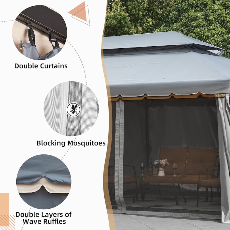 EROMMY Outdoor Canopy Gazebo Double Roof Patio Gazebo with Soft Top, includes Curtains