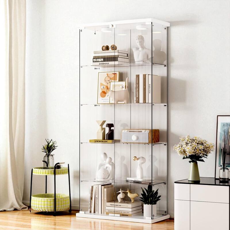 5-Shelf Glass Display Cabinet with Locking Door, 12-Color LED Lights and Remote Control