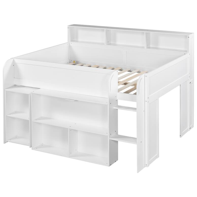 Full Size Wood Kids Loft Bed Frame with Pull-out Desk, Multiple Storage Bookshelf Built-in LED