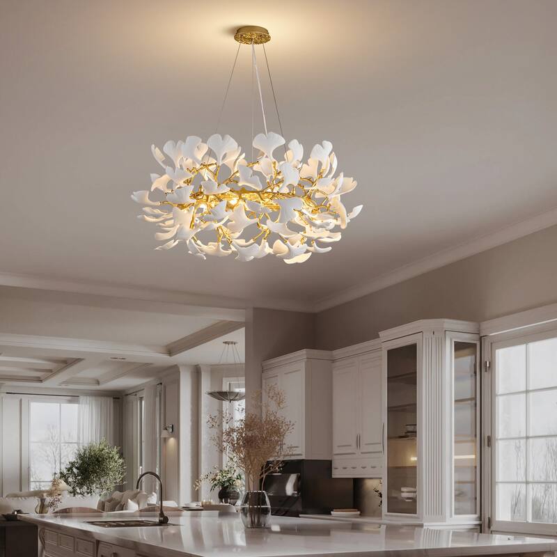 Modern Ginkgo Leaf Ceramic Chandelier, Moon Ring Round Pendant Light, D550-D1200, Gold Finish