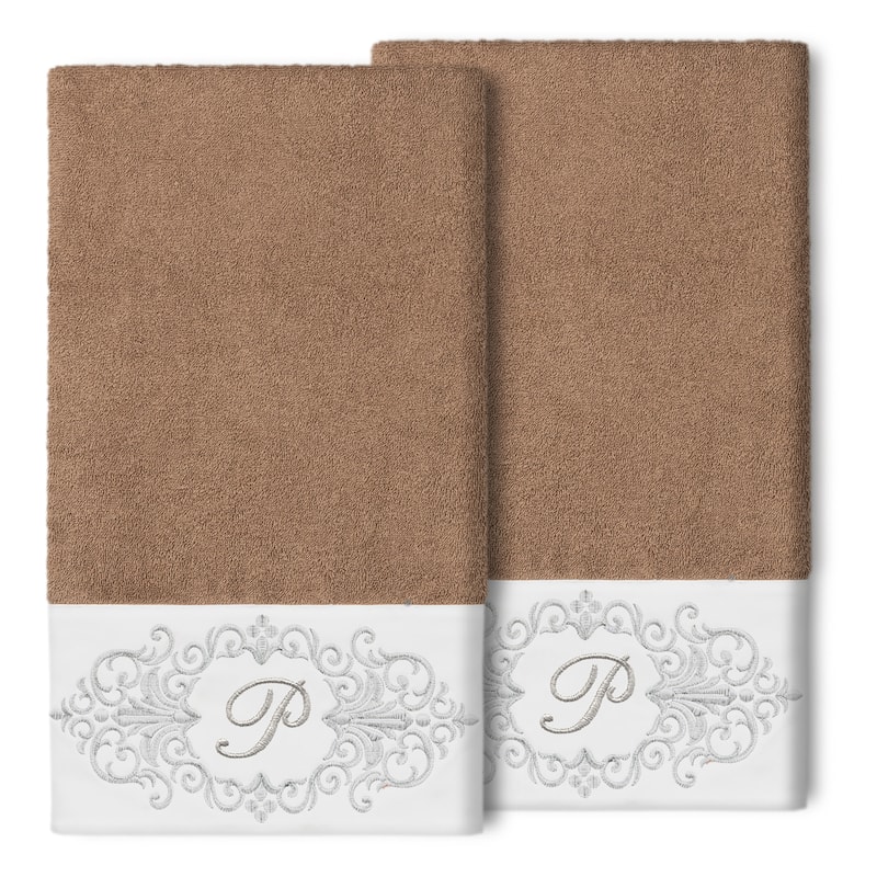 Authentic Hotel and Spa 100% Turkish Cotton Monica 2PC Embellished Bath Towel Set - P - Latte